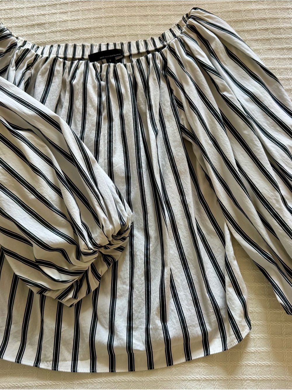 White House Black Market Black & White Striped Off-Shoulder Puff Sleeve Blouse